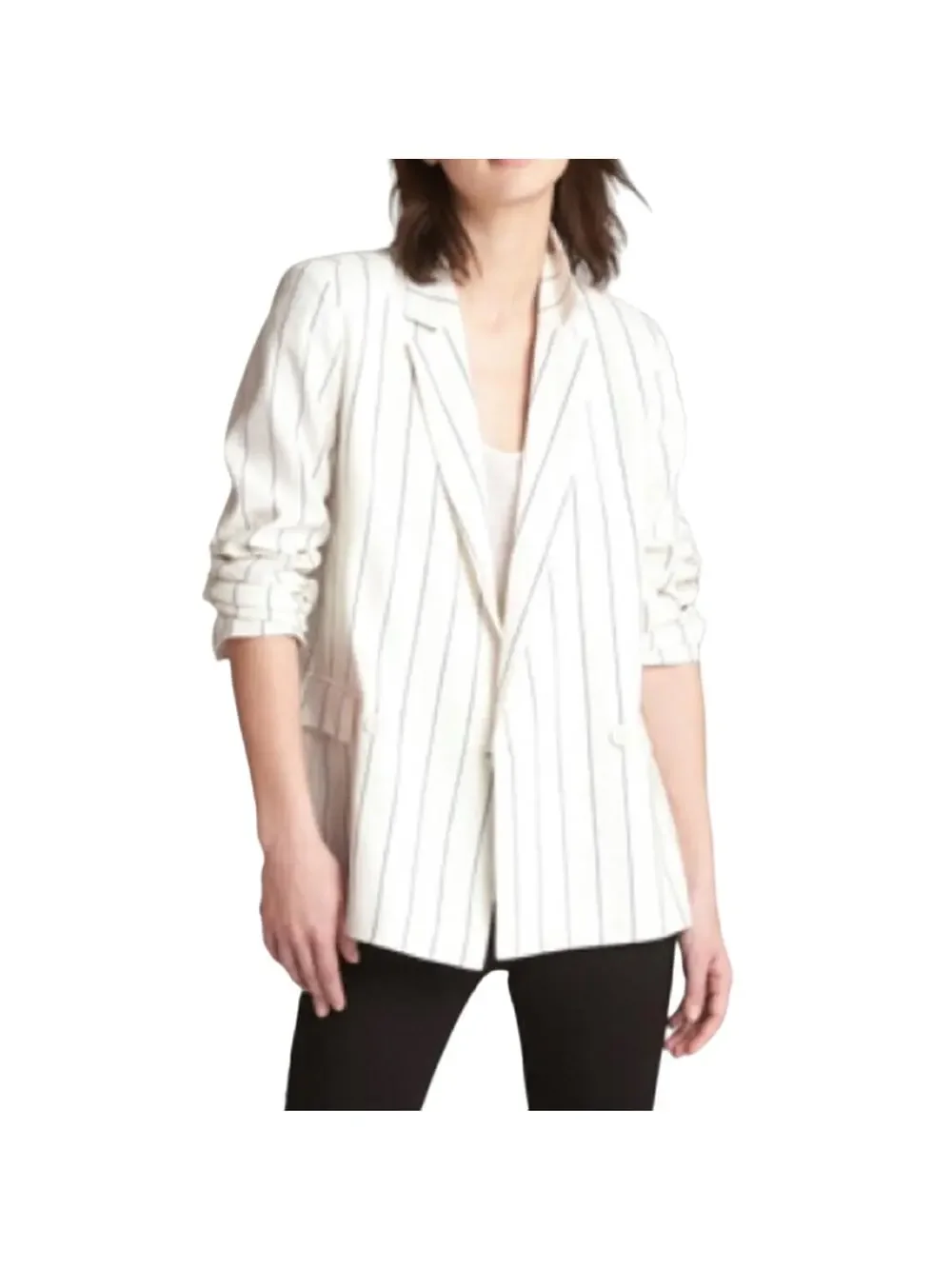 Gap Classic Girlfriend Linen Blazer Navy White Sz 8 Relaxed Fit Versatile Lined